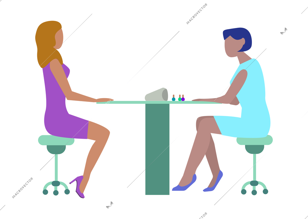 Nail artist and her client in beauty salon manicure procedure flat vector illustration