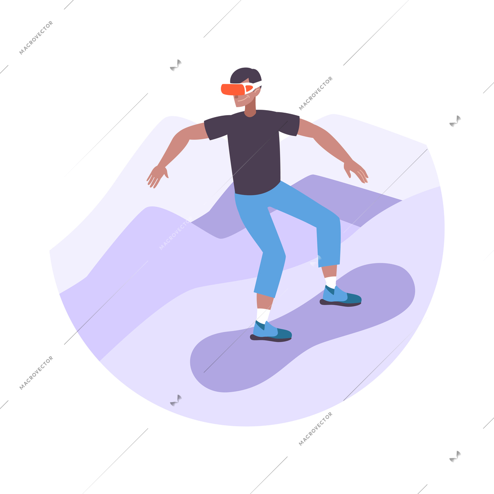 Man playing snowboarding computer game while wearing virtual reality glasses flat icon vector illustration