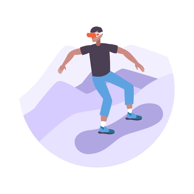 Man playing snowboarding computer game while wearing virtual reality glasses flat icon vector illustration