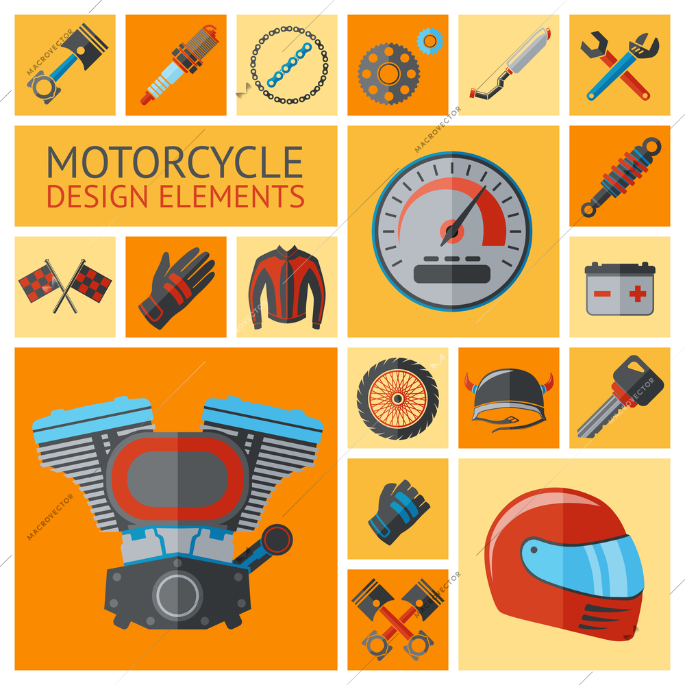 Motorcycle parts decorative icon set with motor elements wheel pistons isolated vector illustration