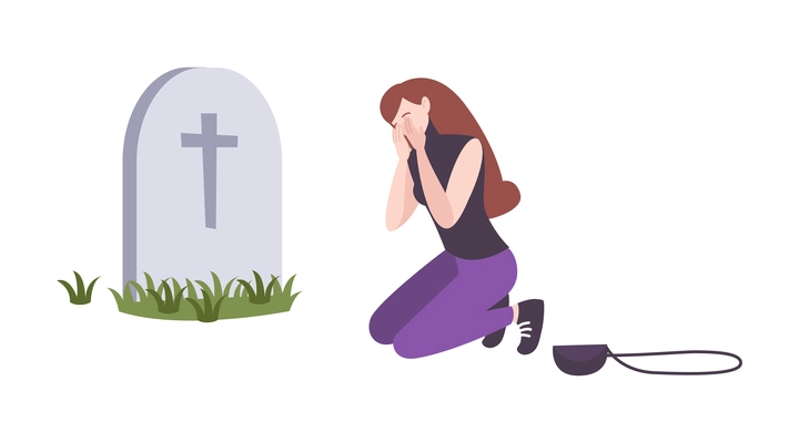 Human death flat composition with woman crying sitting on her knees in front of graveyard isolated vector illustration