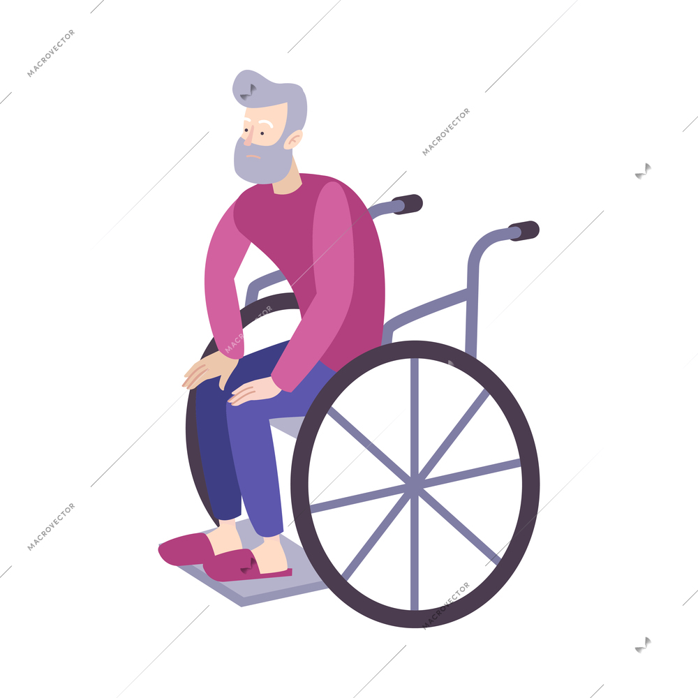 Disabled elderly man in wheelchair flat icon vector illustration