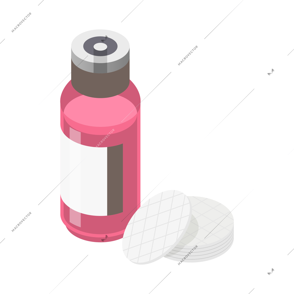 Isometric icon with bottle of nail polish remover and cotton pads 3d vector illustration