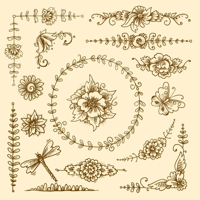 Vintage floral calligraphic decorative elements sketch set with flowers and butterflies isolated vector illustration
