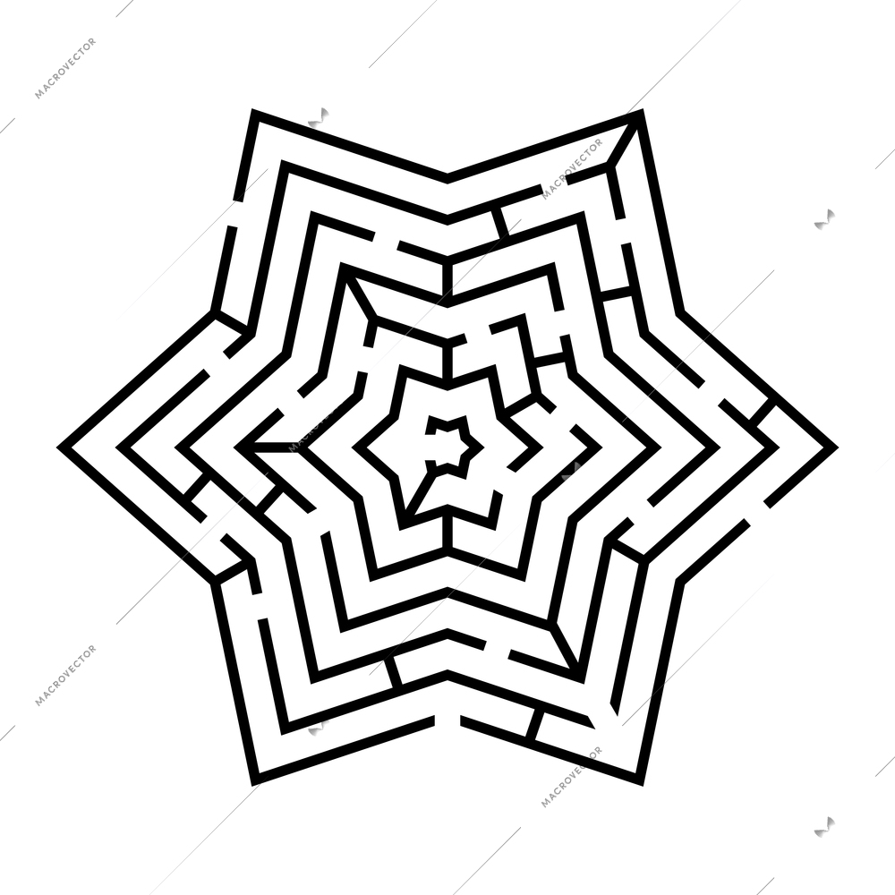 Black labyrinth maze game scheme in shape of star flat vector illustration