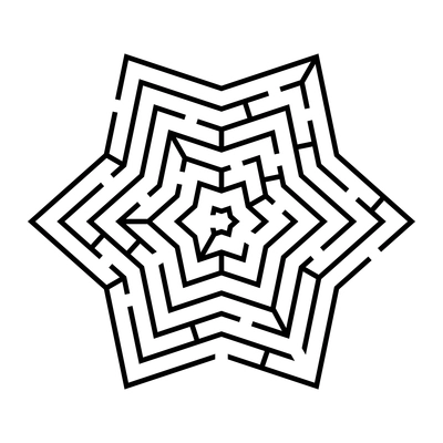 Black labyrinth maze game scheme in shape of star flat vector illustration