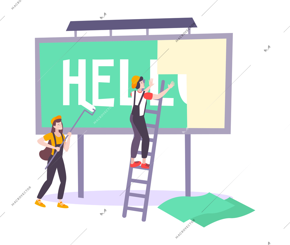 Two people sticking advertising poster on billboard outdoors flat vector illustration