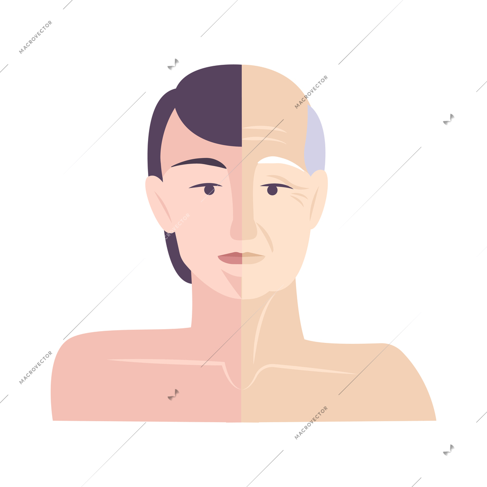 Aging flat concept with half young and old male face on white background vector illustration