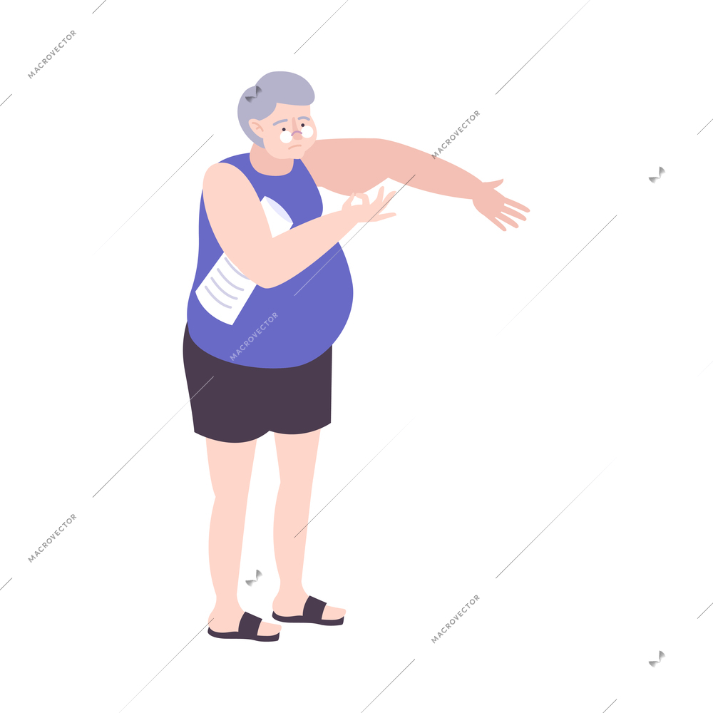 Sad senior woman looking at her soft muscles flat vector illustration