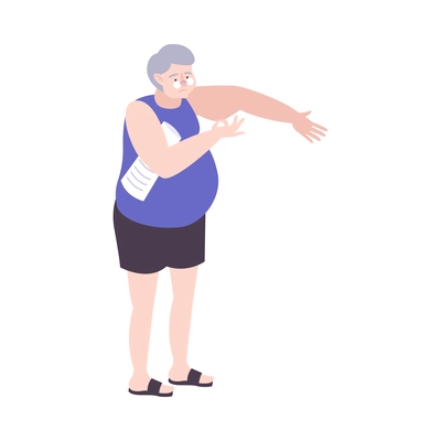 Sad senior woman looking at her soft muscles flat vector illustration