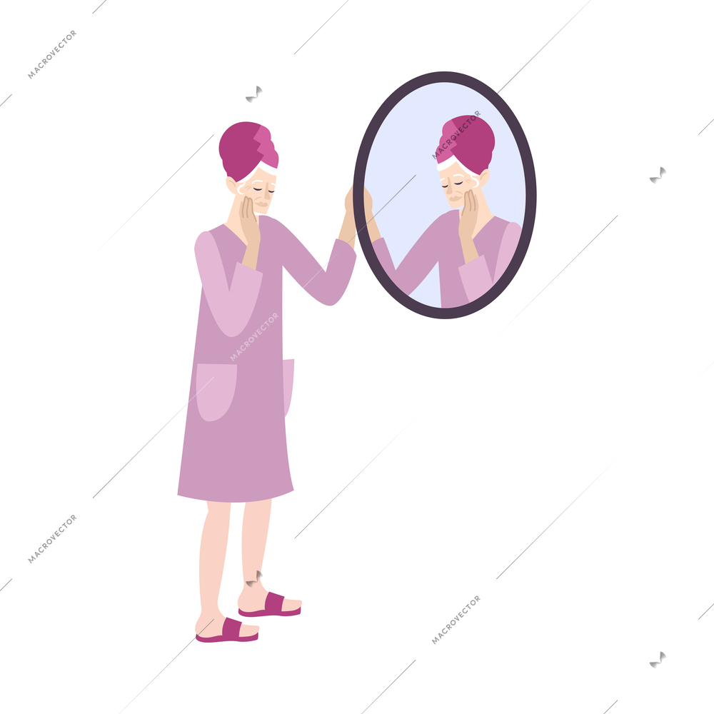 Aging people flat icon with sad elderly woman looking at herself in mirror vector illustration