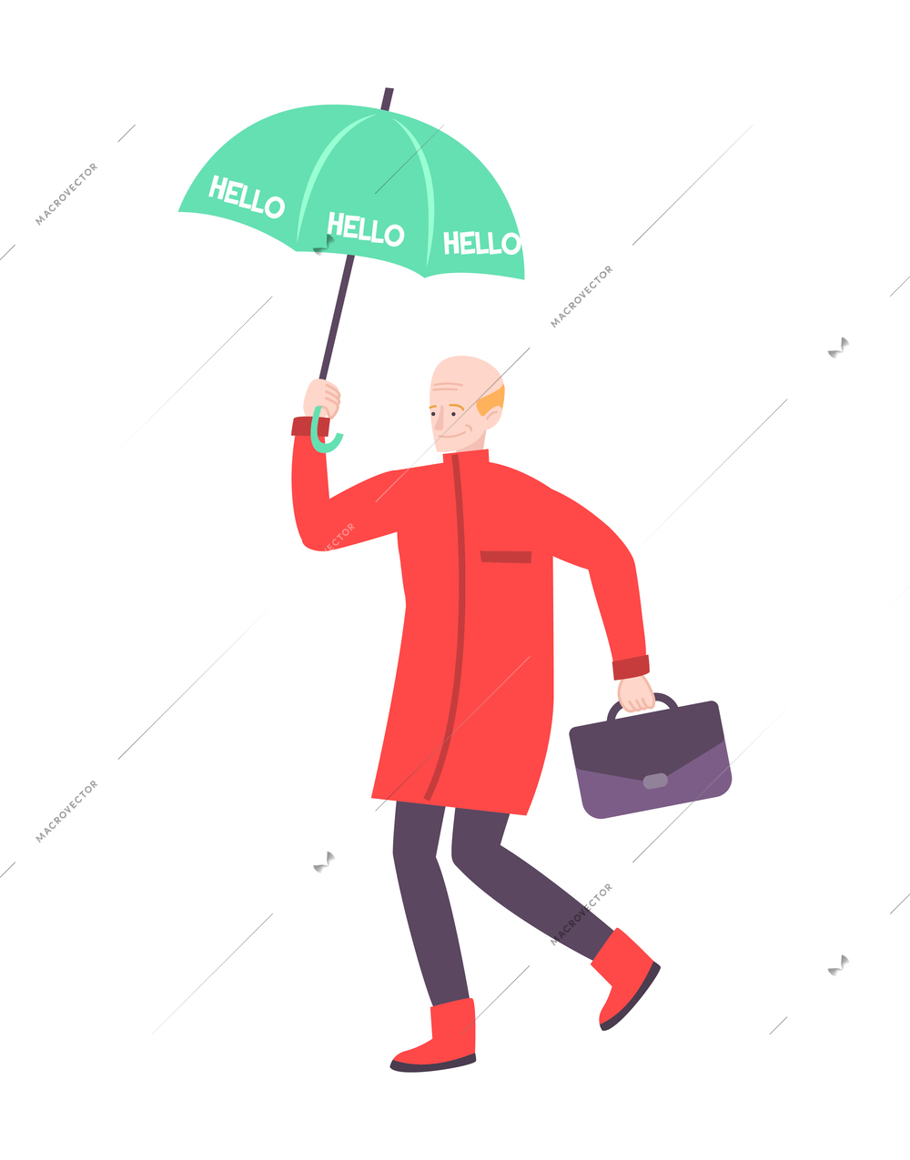 Flat advertising icon with man going with green branded umbrella vector illustration