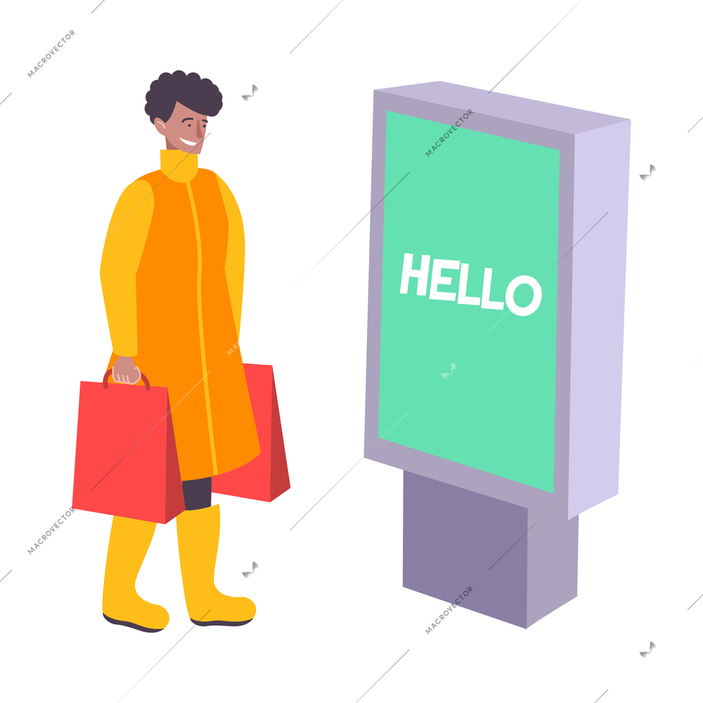 Smiling man standing in front of city advertising panel flat vector illustration