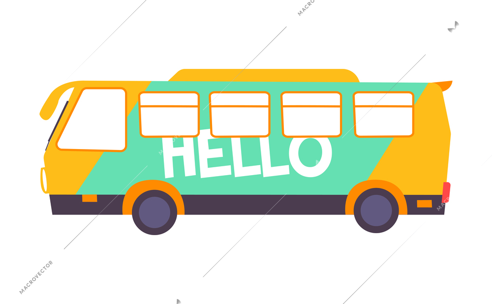 Yellow bus with advertising poster on white background flat vector illustration