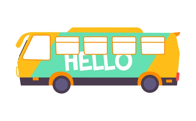 Yellow bus with advertising poster on white background flat vector illustration