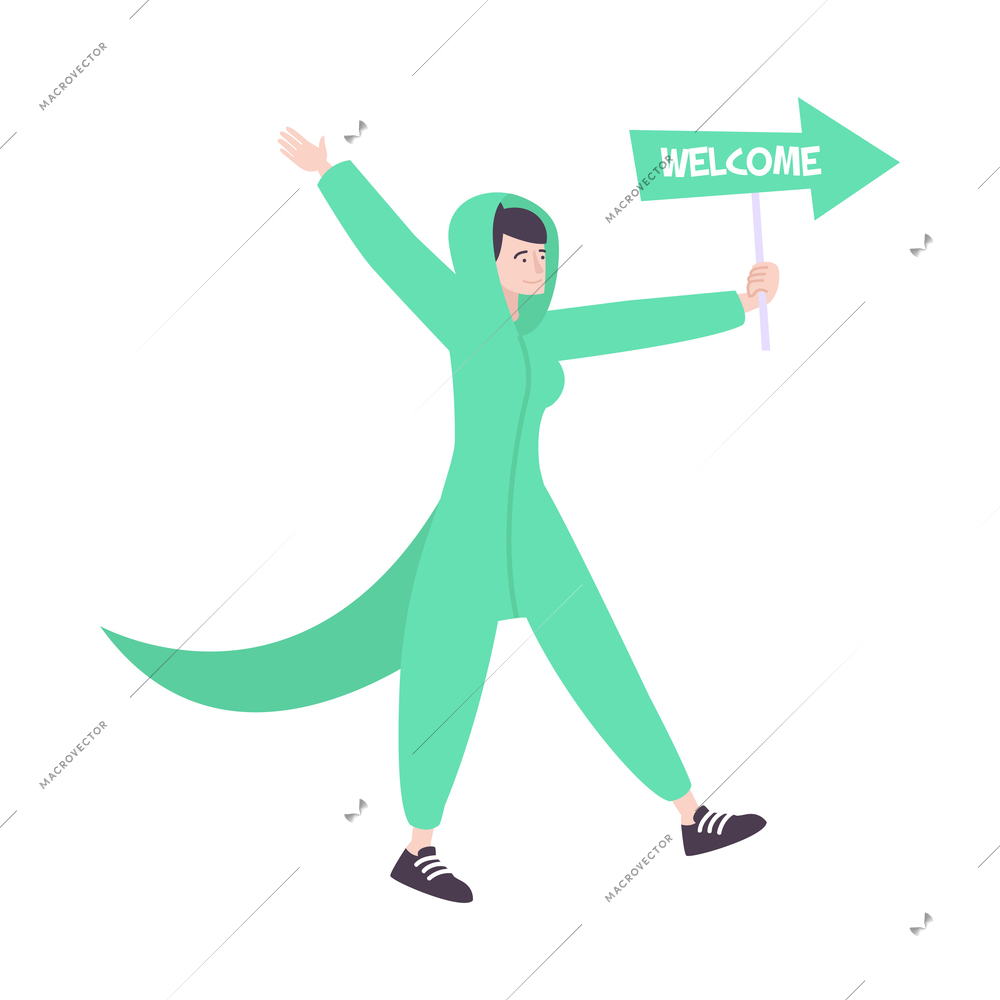 Advertising flat icon with human character of promoter in green costume at work vector illustration