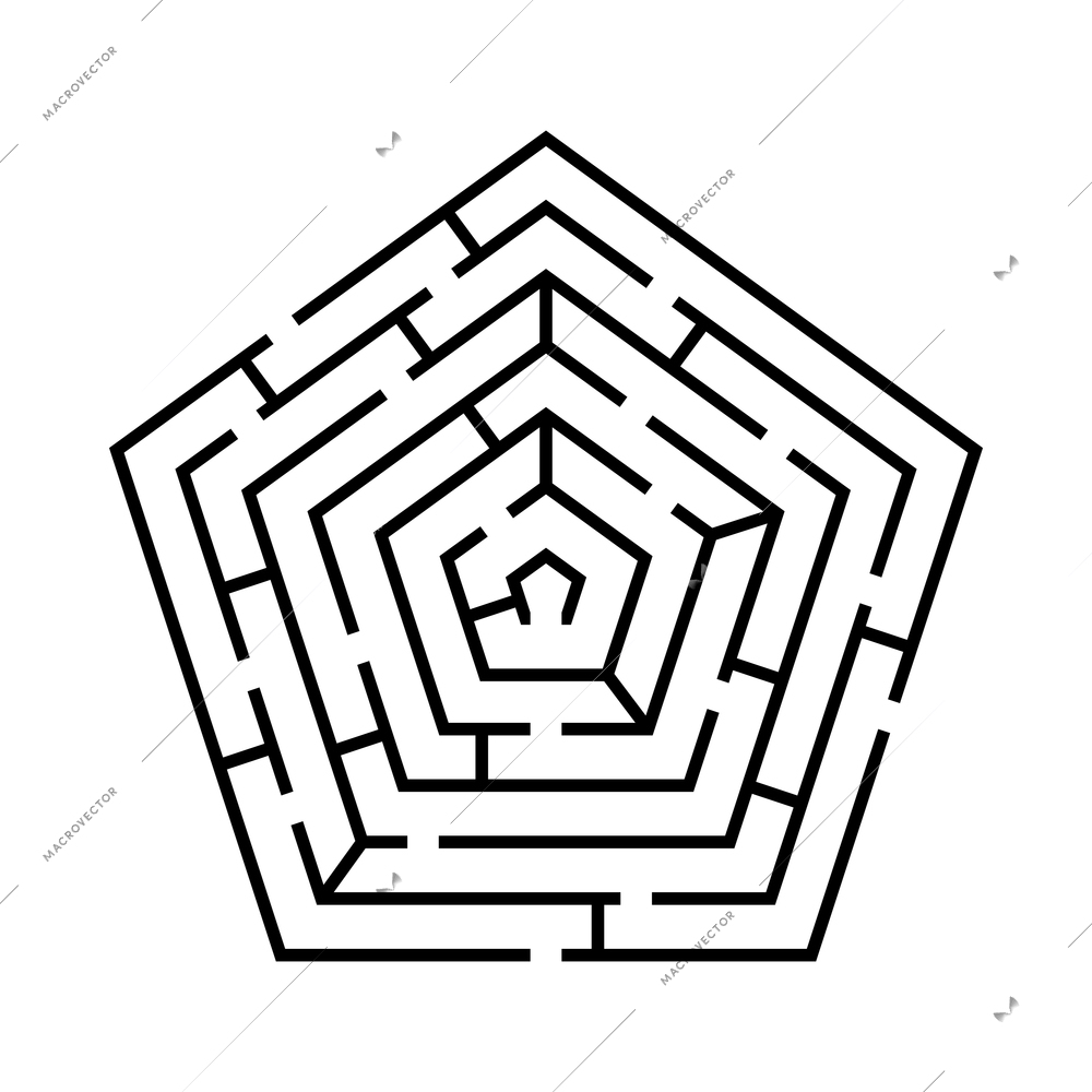 Labyrinth game scheme of pentagon shape in black color flat vector illustration