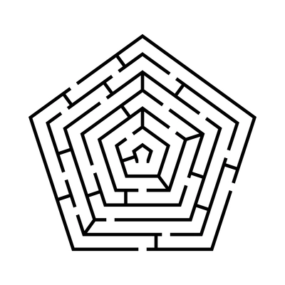 Labyrinth game scheme of pentagon shape in black color flat vector illustration