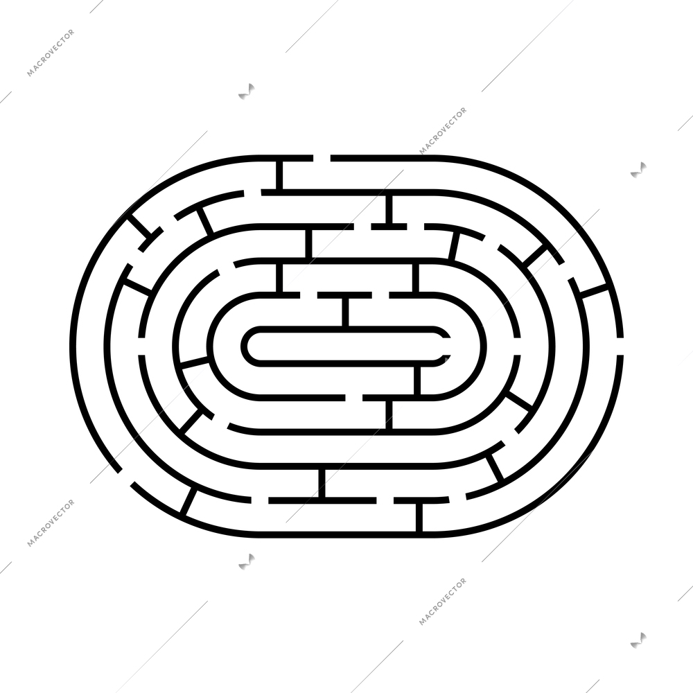 Black oval maze shape on blank background flat vector illustration