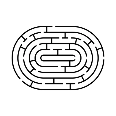Black oval maze shape on blank background flat vector illustration