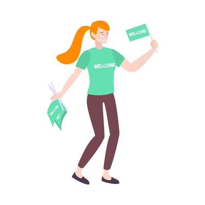 Smiling woman promoter wearing branded tshirt handing out flags flat vector illustration