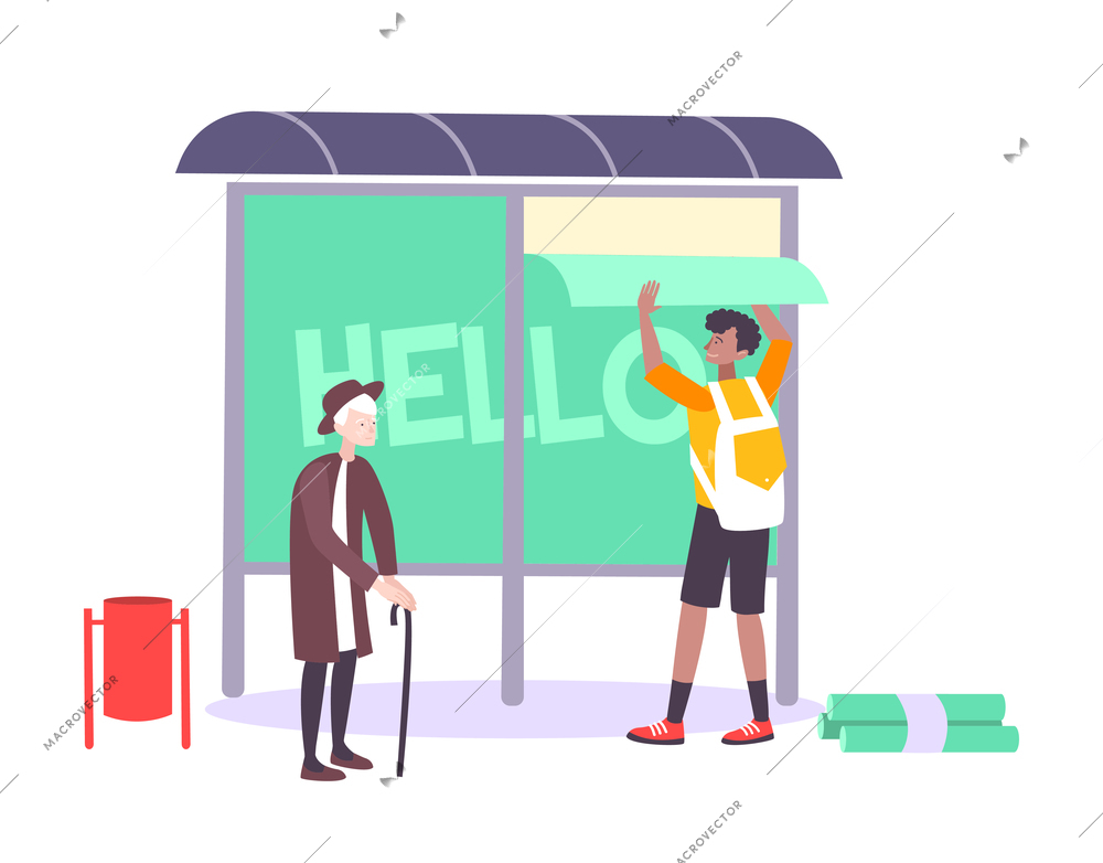 Man sticking advertising posters on bus stop flat vector illustration