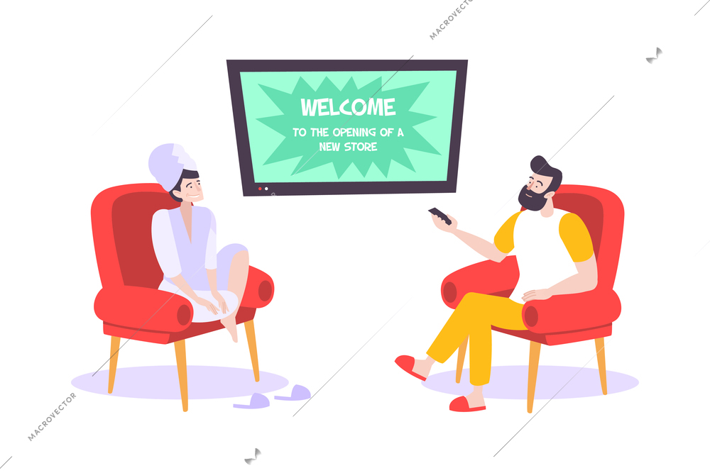 People watching advertising on tv at home flat vector illustration