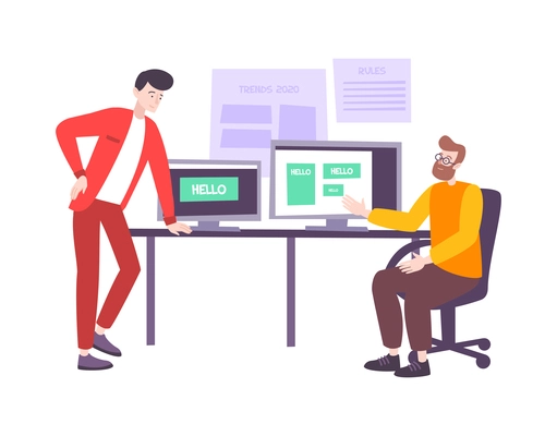 People working on computers at advertising agency flat vector illustration