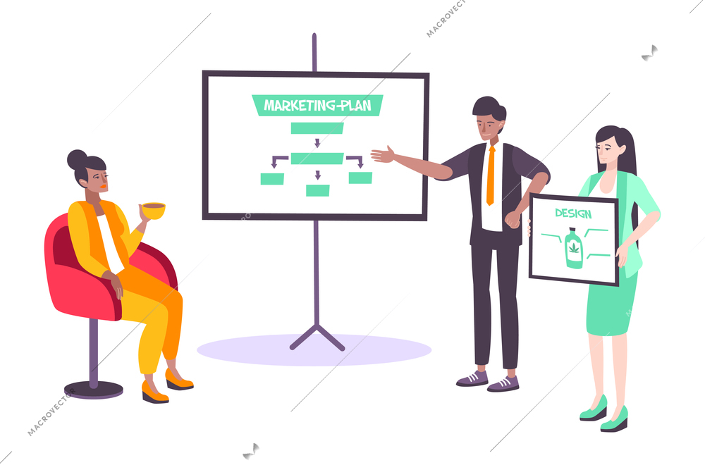 Advertising agency workers discussing marketing plan and logo design in office flat vector illustration