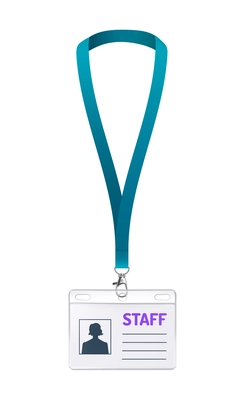 Event staff personal id card on blue strap realistic vector illustration