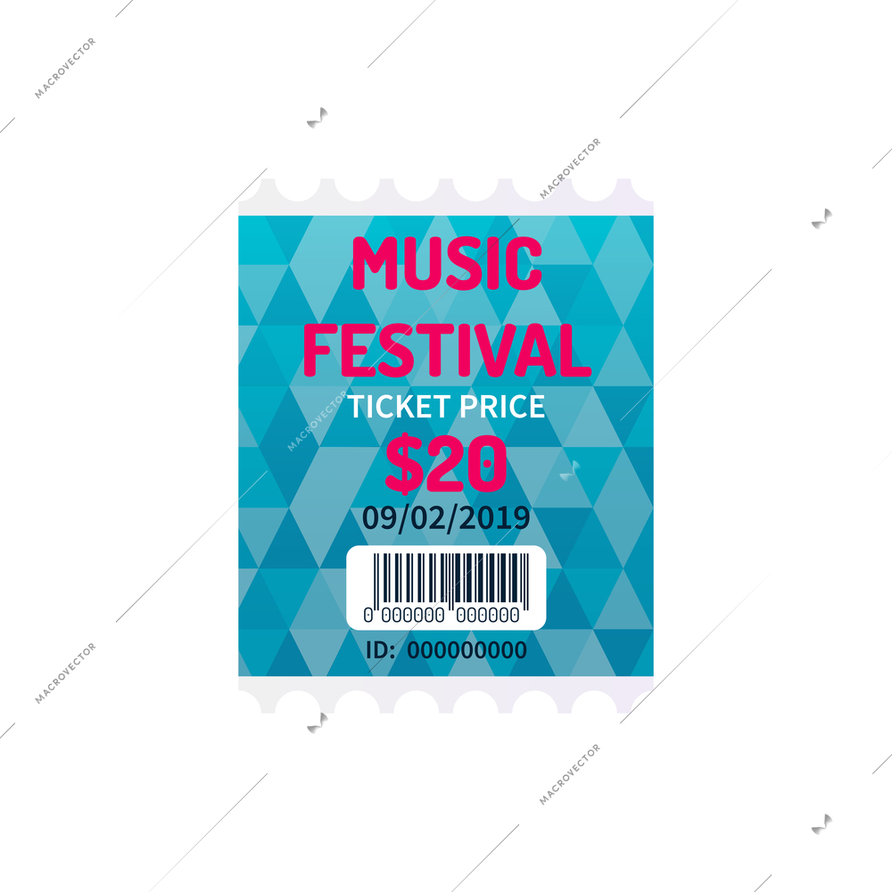 Music festival ticket template on white background realistic vector illustration