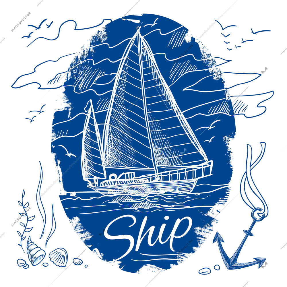 Nautical emblem with blue colored sketch sailing schooner ship and sea background vector illustration