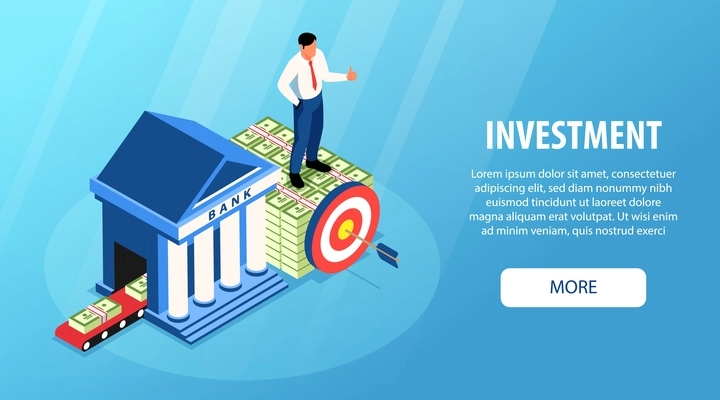 Investment horizontal banner with stacks of money and successful businessman achieving goal isometric vector illustration