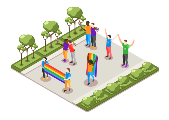 International day against homophobia isometric composition with lgbt people participating in pride parade outdoors vector illustration