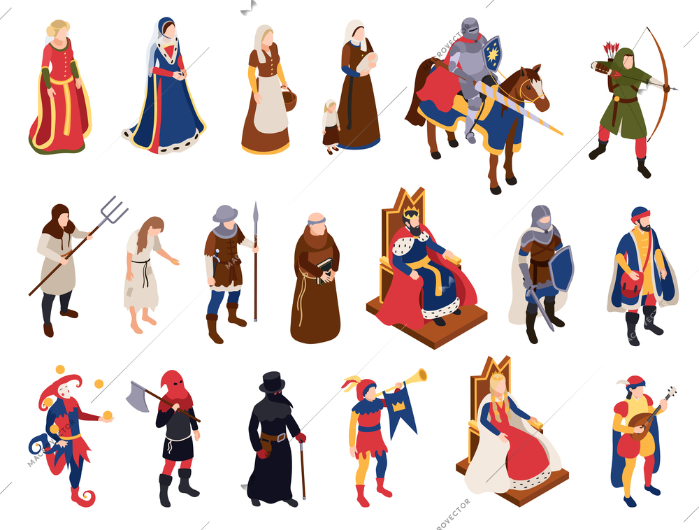 Medieval characters isometric set with king and queen isolated vector illustraion