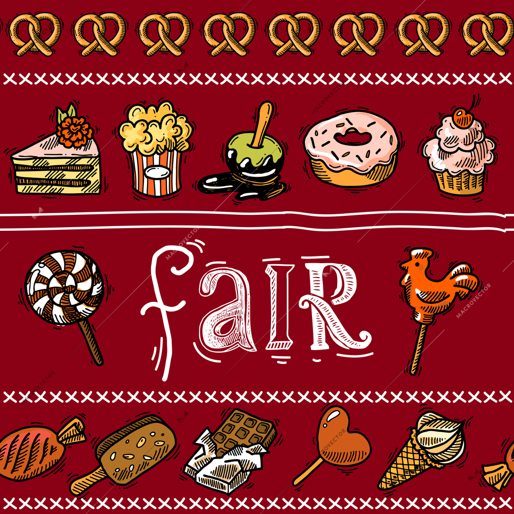 Fair holiday sketch border with sweet food dessert pastry vector illustration