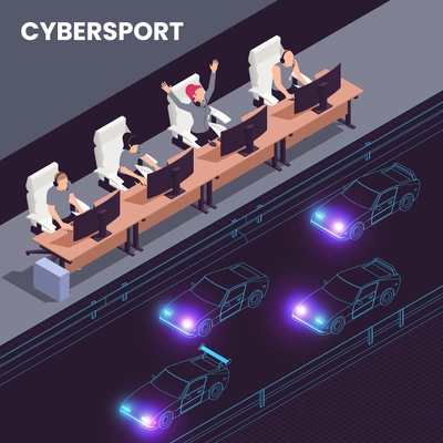 Cyber sport isometric design with online racing symbols vector illustration