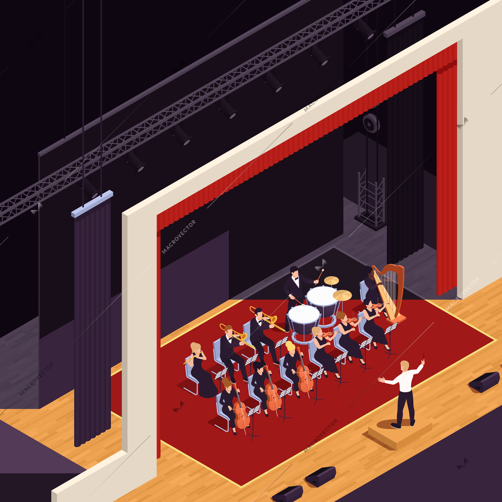 Grand theatre performance isometric background with orchestra symbols vector illustration