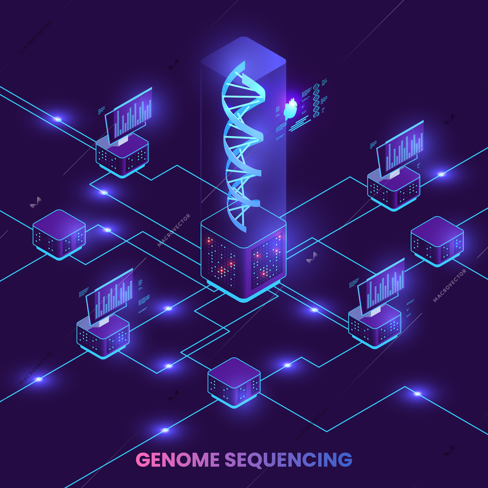 Genetic engineering isometric composition with genome research symbols vector illustration