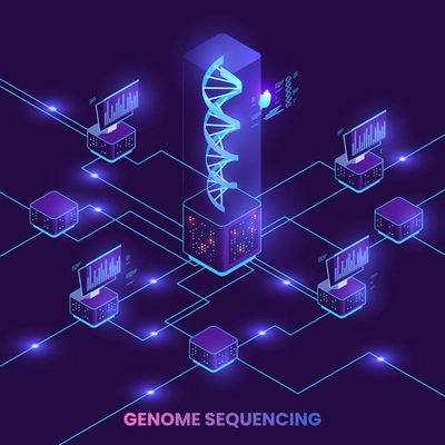 Genetic engineering isometric composition with genome research symbols vector illustration