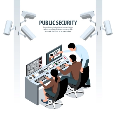 Isometric public security background with editable text images of cameras on posts and visual control point vector illustration