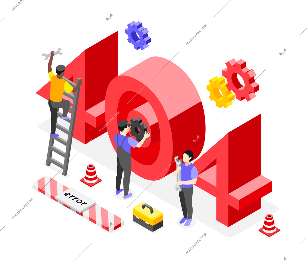 Isometric and colored error composition technicians are trying to solve the problem vector illustration