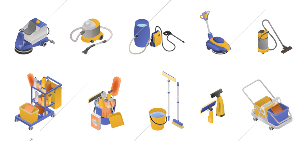 Isometric professional cleaning service icon set tools and equipment to help with cleaning vector illustration