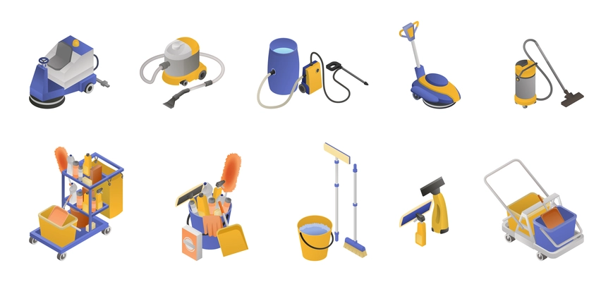 Isometric professional cleaning service icon set tools and equipment to help with cleaning vector illustration