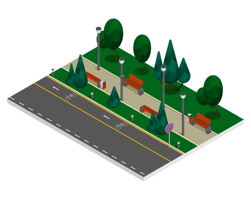 City constructor elements colored isometric composition a road with a bicycle path in the park among green trees vector illustration