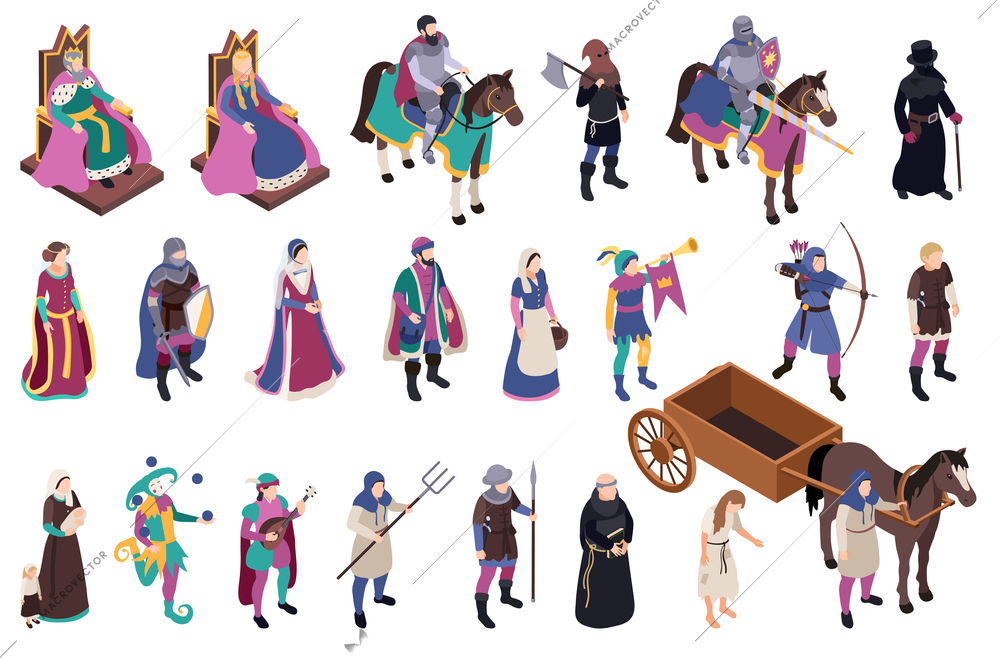 Medieval characters isometric icons set with peasant cnd chivalry symbols isolated vector illustraion