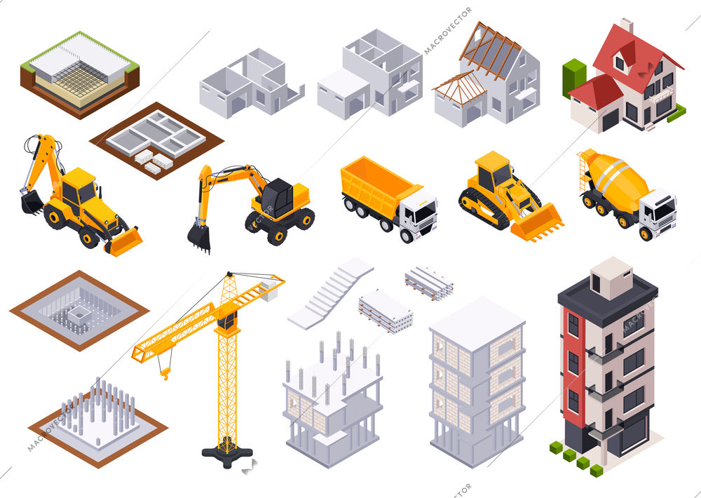 Construction icons set with construction machines isometric isolated vector illustration