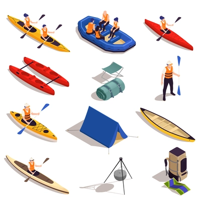 Rafting kayaking canoeing tourism isometric set with raft boats vessels paddles tent campfire tripod people vector illustration