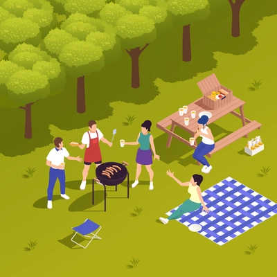 Family friends picnic in country park with barbecue grill drinks food basket gingham tablecloth isometric vector illustration