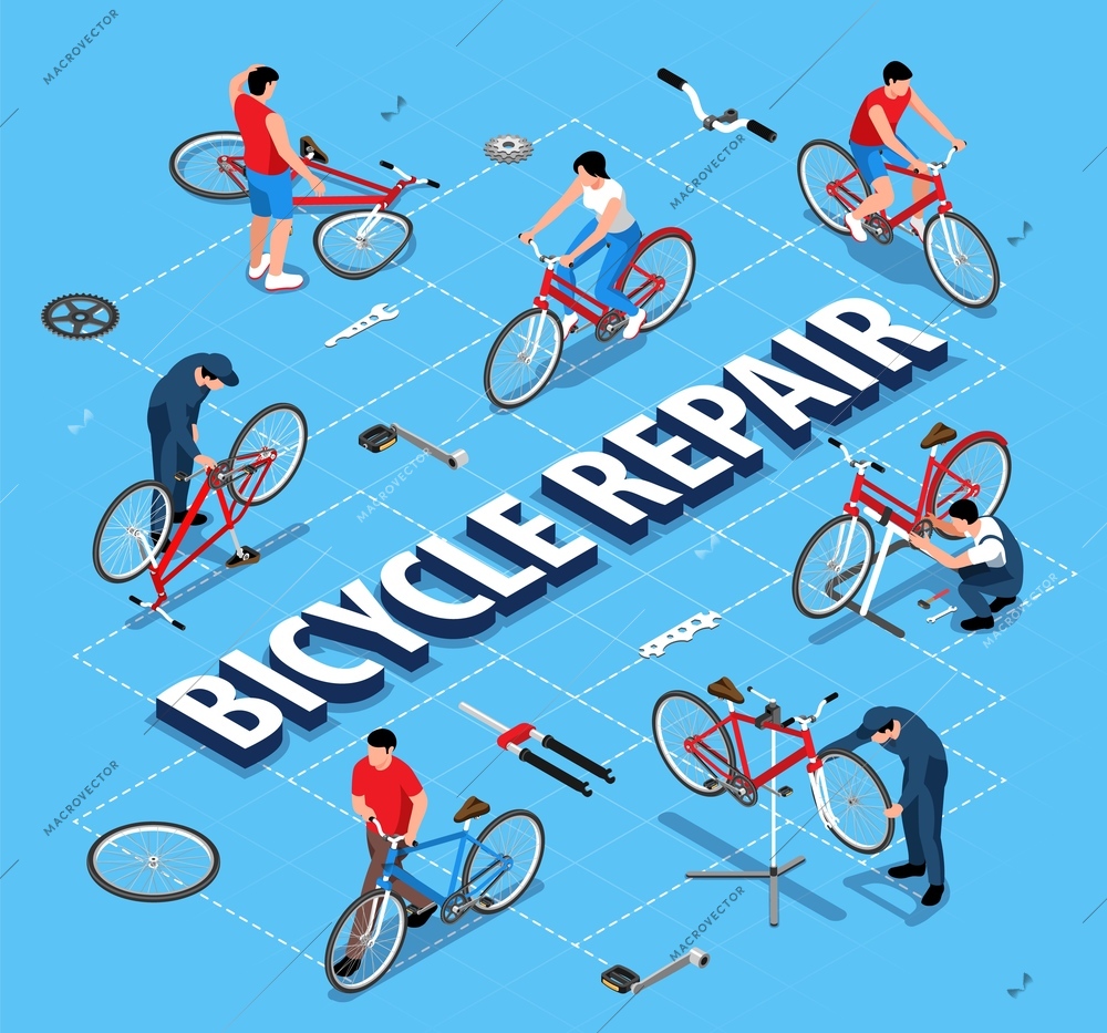 Bicycle repair flowchart with handicraftsmen repairing bikes using stand holder isometric vector illustration